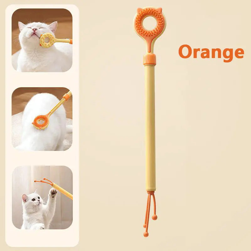 Adjustable 3-in-1 Cat Massage Wand with Retractable Scratcher, Dual-Surface Grooming Brush, and Interactive Teaser Strings – Long Handle Self-Grooming Toy for Indoor Cats and Kittens