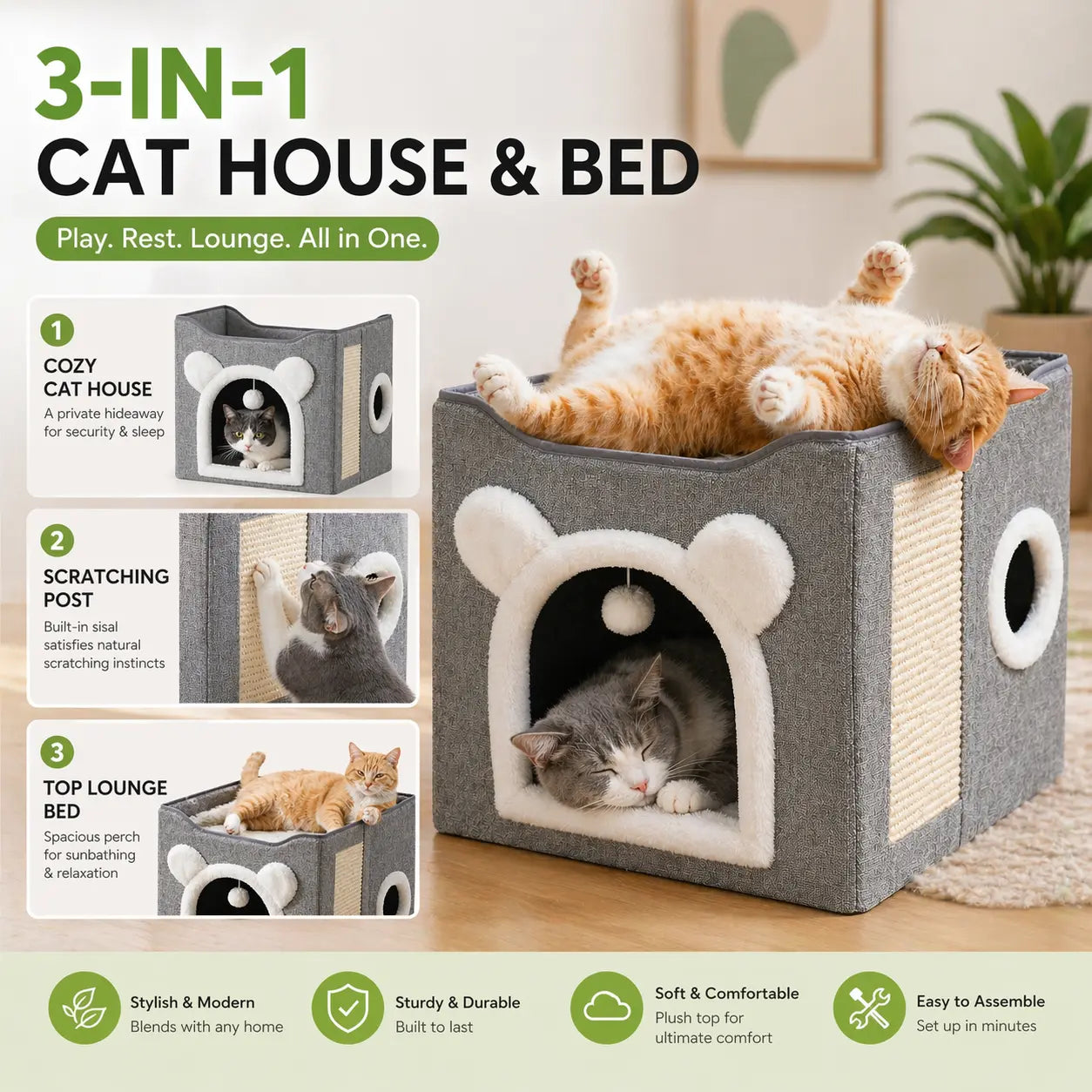 Indoor Cat House with Large Access Hole, Fluffy Hanging Balls, Round Windows, and Double-Sided Cushions, Supporting Up to 30 Pounds