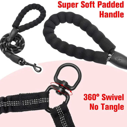 Dual Dog Leash with 360° Swivel, No-Tangle Design, and Shock Absorbing Bungee for Walking Two Dogs