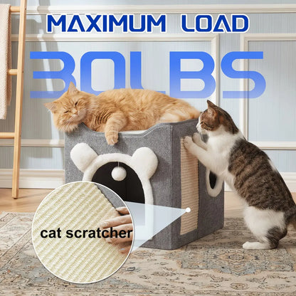 Indoor Cat House with Large Access Hole, Fluffy Hanging Balls, Round Windows, and Double-Sided Cushions, Supporting Up to 30 Pounds