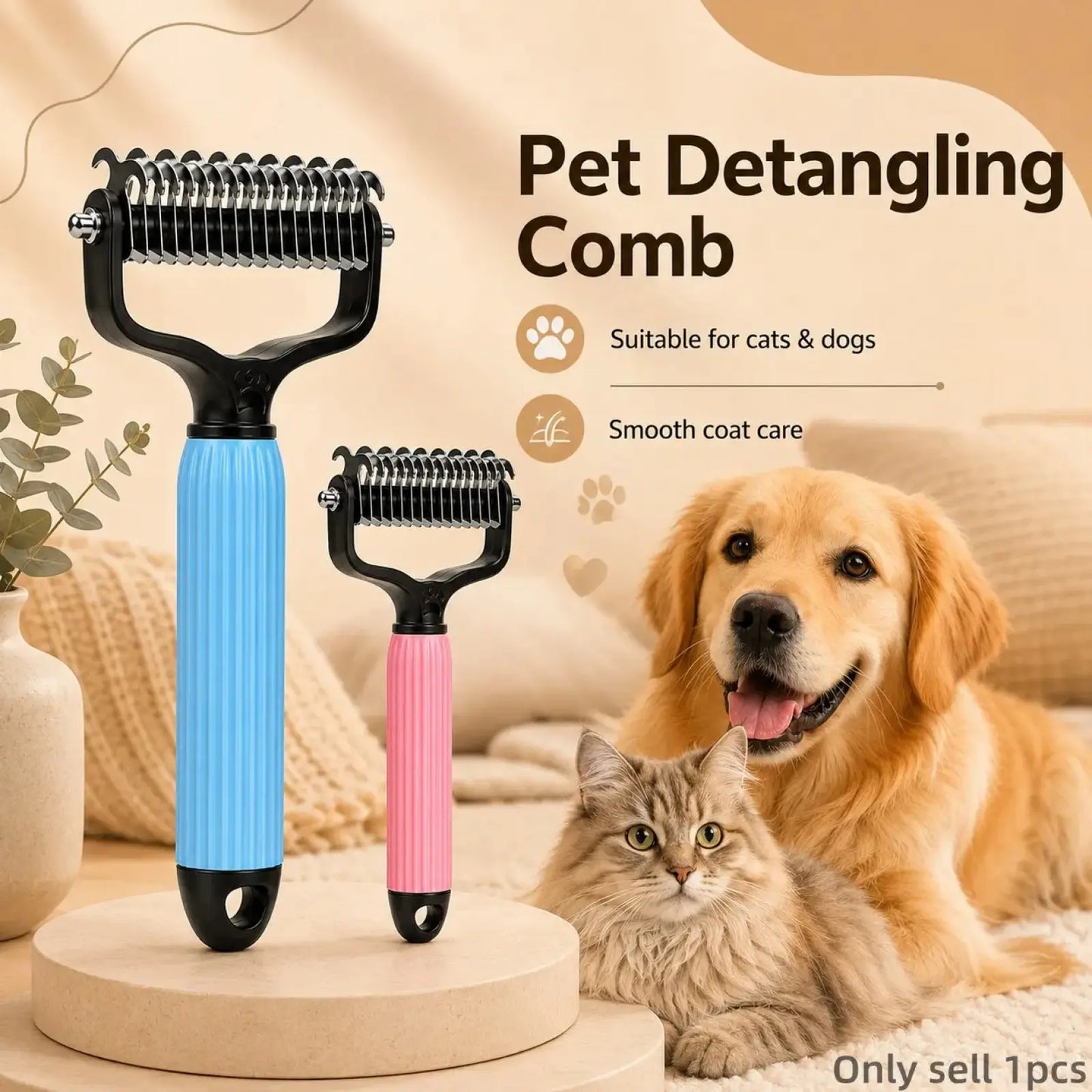 Professional Pet Detangling Comb for Dogs and Cats - Stainless Steel Grooming Tool for Loose Hair Removal, Light Mats, Tangles, Shedding, and Daily Coat Care