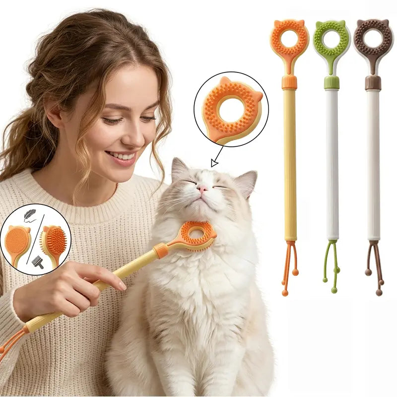 Adjustable 3-in-1 Cat Massage Wand with Retractable Scratcher, Dual-Surface Grooming Brush, and Interactive Teaser Strings – Long Handle Self-Grooming Toy for Indoor Cats and Kittens