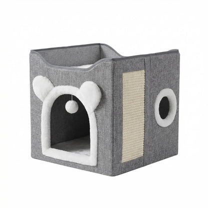 Indoor Cat House with Large Access Hole, Fluffy Hanging Balls, Round Windows, and Double-Sided Cushions, Supporting Up to 30 Pounds