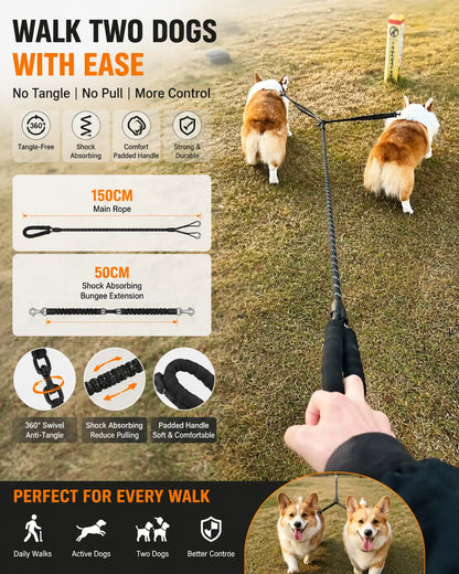 Dual Dog Leash with 360° Swivel, No-Tangle Design, and Shock Absorbing Bungee for Walking Two Dogs