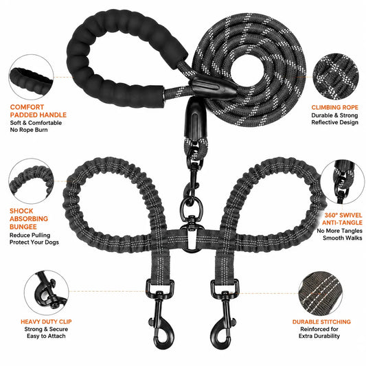 Dual Dog Leash with 360° Swivel, No-Tangle Design, and Shock Absorbing Bungee for Walking Two Dogs