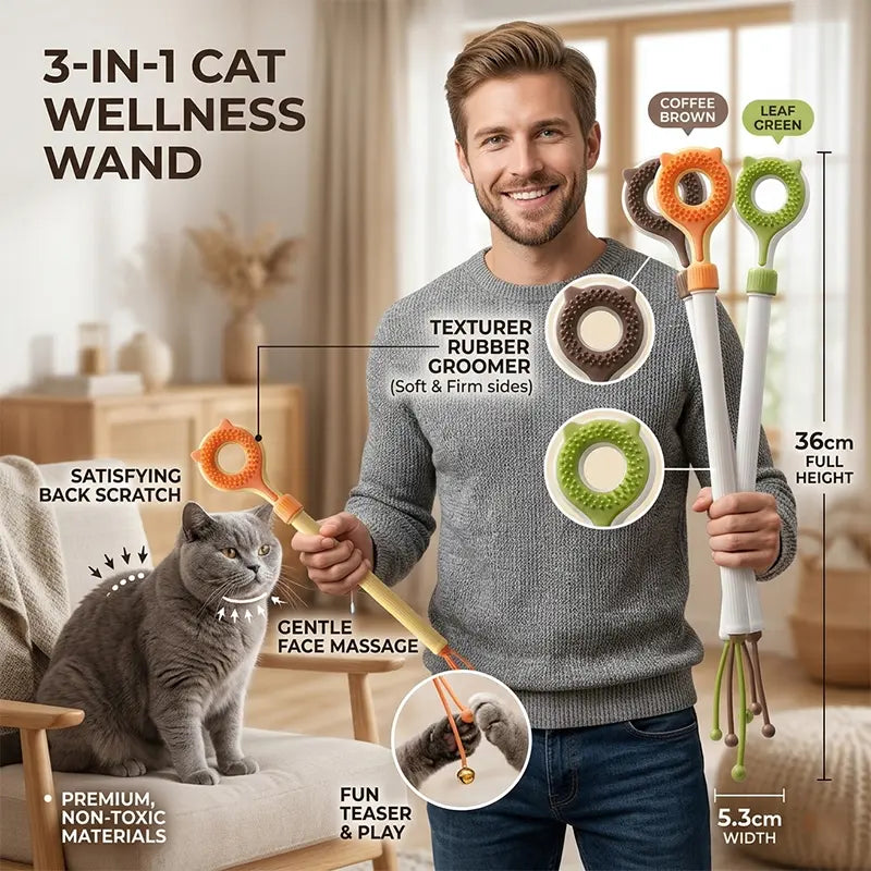 Adjustable 3-in-1 Cat Massage Wand with Retractable Scratcher, Dual-Surface Grooming Brush, and Interactive Teaser Strings – Long Handle Self-Grooming Toy for Indoor Cats and Kittens