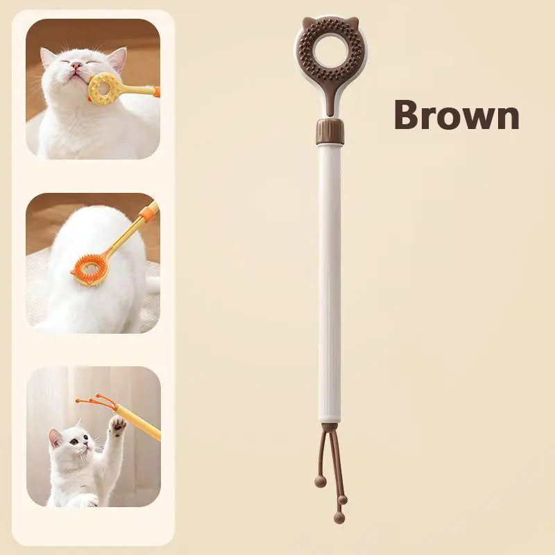 Adjustable 3-in-1 Cat Massage Wand with Retractable Scratcher, Dual-Surface Grooming Brush, and Interactive Teaser Strings – Long Handle Self-Grooming Toy for Indoor Cats and Kittens