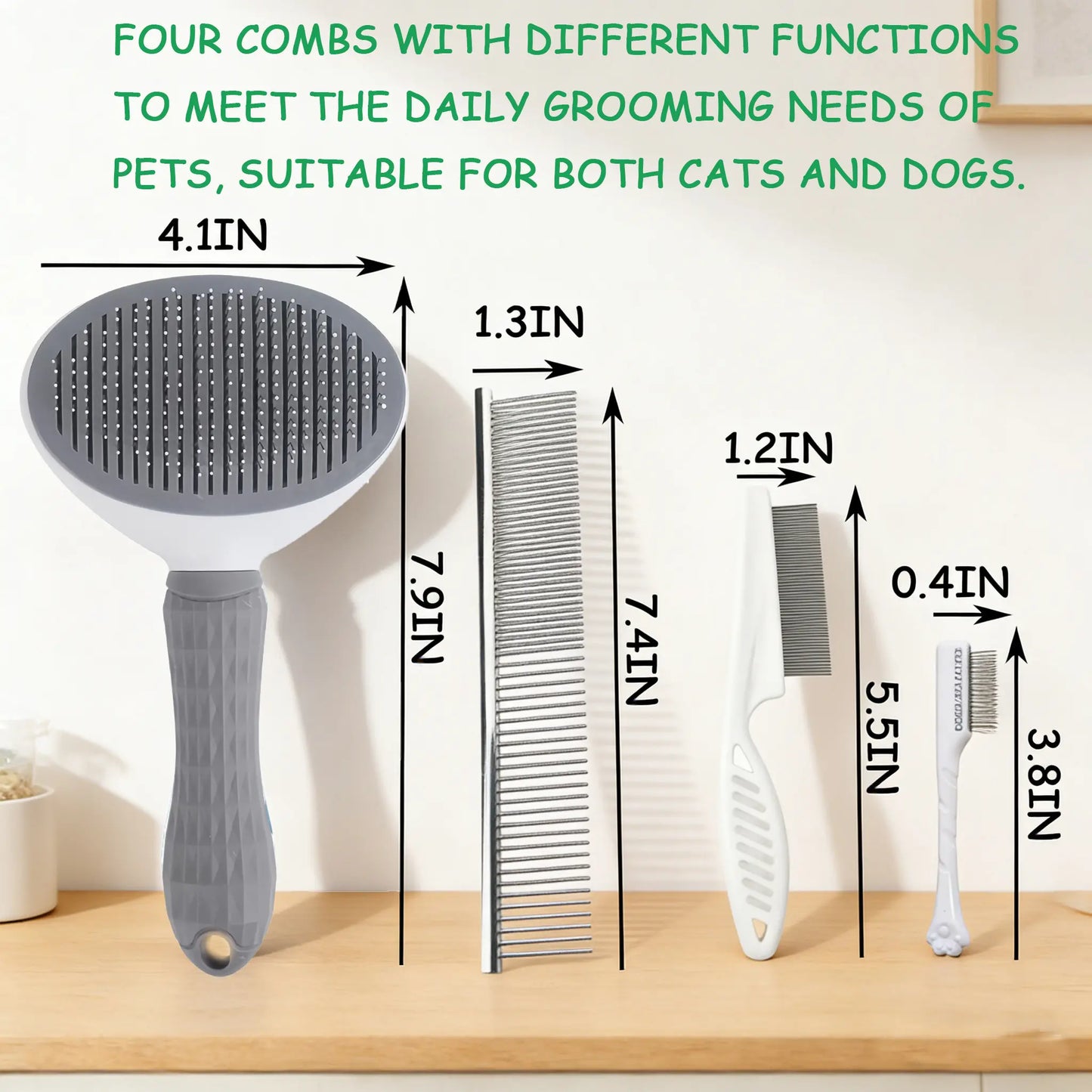 Pet Grooming Essentials Set - Self-Cleaning Slicker Brush, Dual-Sided Stainless Steel Dematting Comb, Tear Stain Comb, and Fur Removal Tool for Dogs and Cats with Long or Short Hair