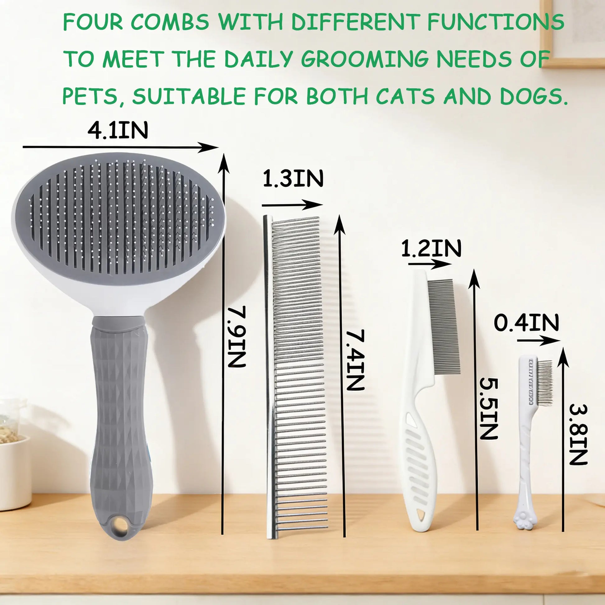 Pet Grooming Essentials Set - Self-Cleaning Slicker Brush, Dual-Sided Stainless Steel Dematting Comb, Tear Stain Comb, and Fur Removal Tool for Dogs and Cats with Long or Short Hair