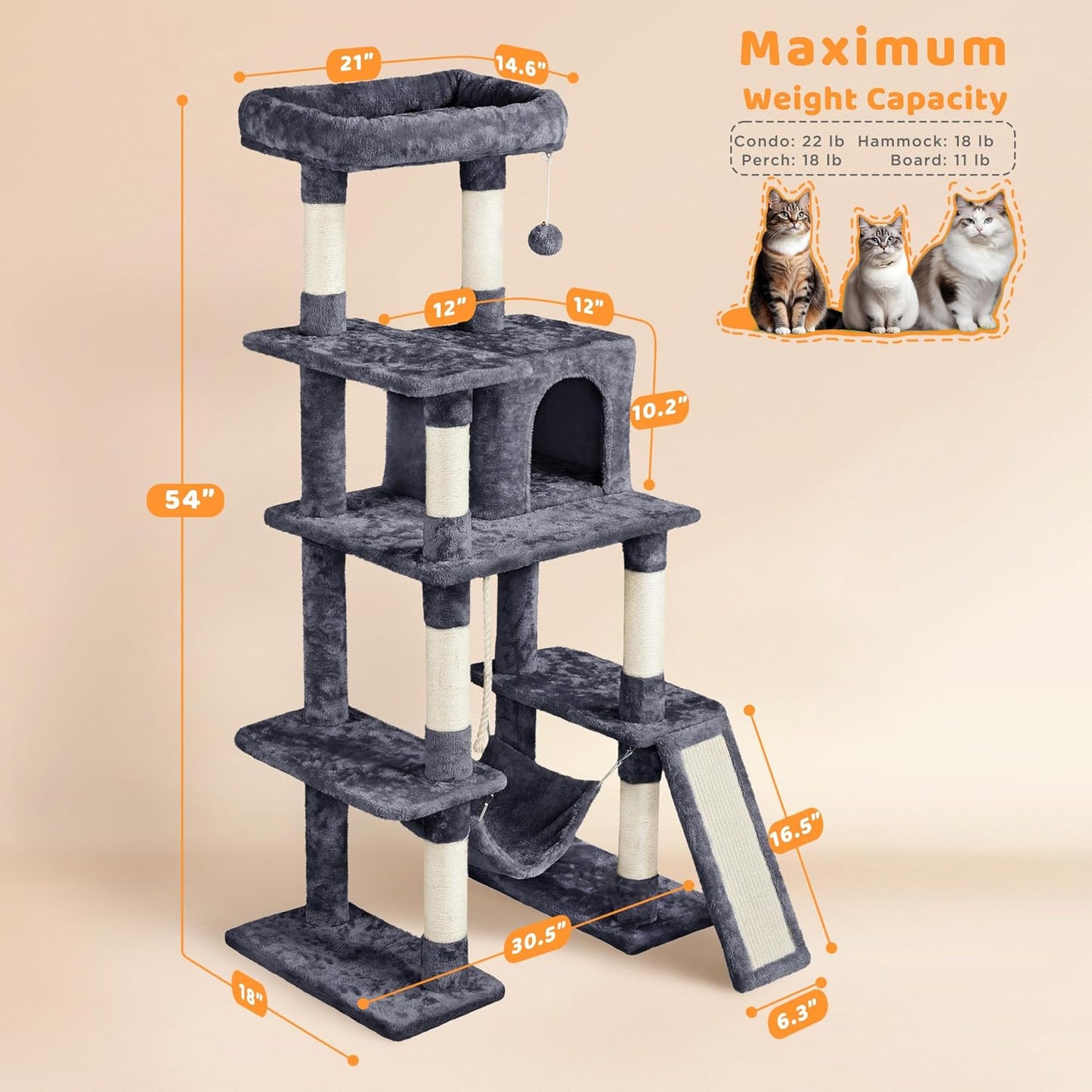 Yaheetech 54-Inch Multi-Level Cat Tree Tower | Premium Activity Centre with Condo & Hammock