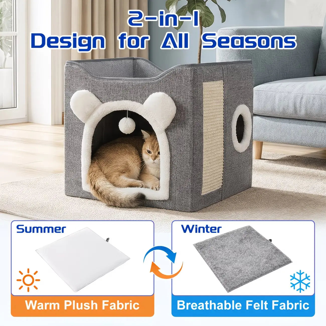Indoor Cat House with Large Access Hole, Fluffy Hanging Balls, Round Windows, and Double-Sided Cushions, Supporting Up to 30 Pounds