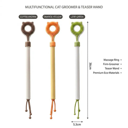 Adjustable 3-in-1 Cat Massage Wand with Retractable Scratcher, Dual-Surface Grooming Brush, and Interactive Teaser Strings – Long Handle Self-Grooming Toy for Indoor Cats and Kittens