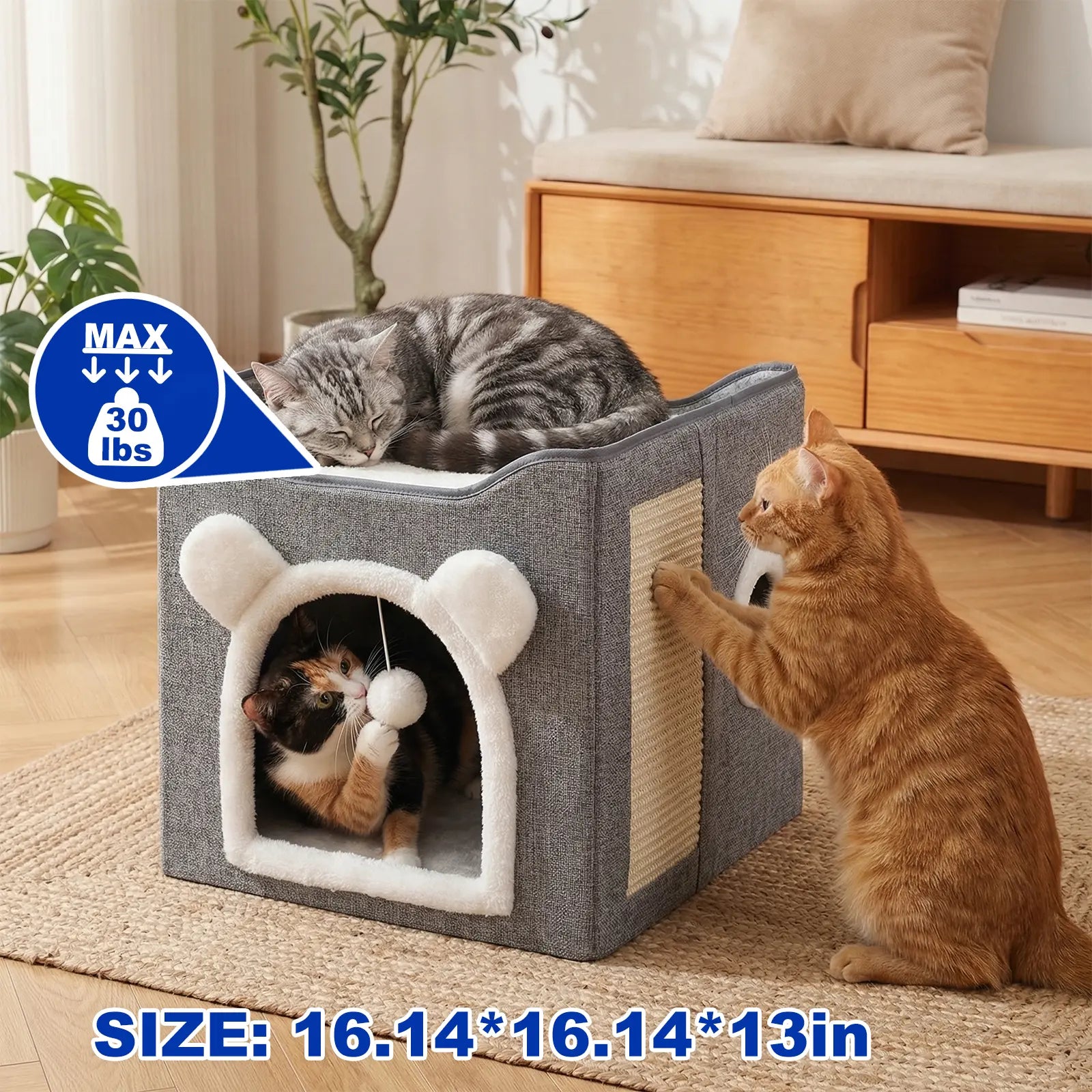 Indoor Cat House with Large Access Hole, Fluffy Hanging Balls, Round Windows, and Double-Sided Cushions, Supporting Up to 30 Pounds