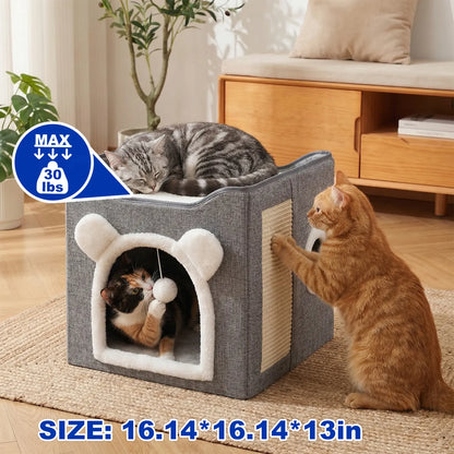 Indoor Cat House with Large Access Hole, Fluffy Hanging Balls, Round Windows, and Double-Sided Cushions, Supporting Up to 30 Pounds