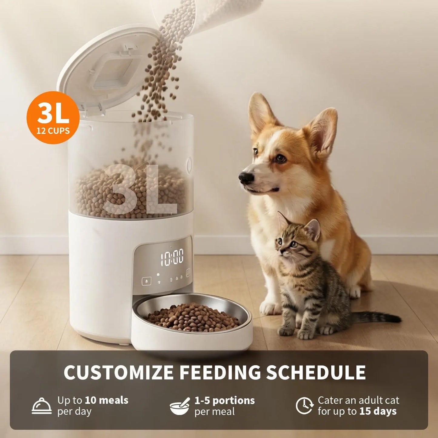 Furlyn 4L Smart Automatic Pet Feeder with WiFi App Control for Cats and Dogs - Programmable Meal Scheduling, Timed Portion Control, Dual Power, and Anti-Jam Food Dispensing