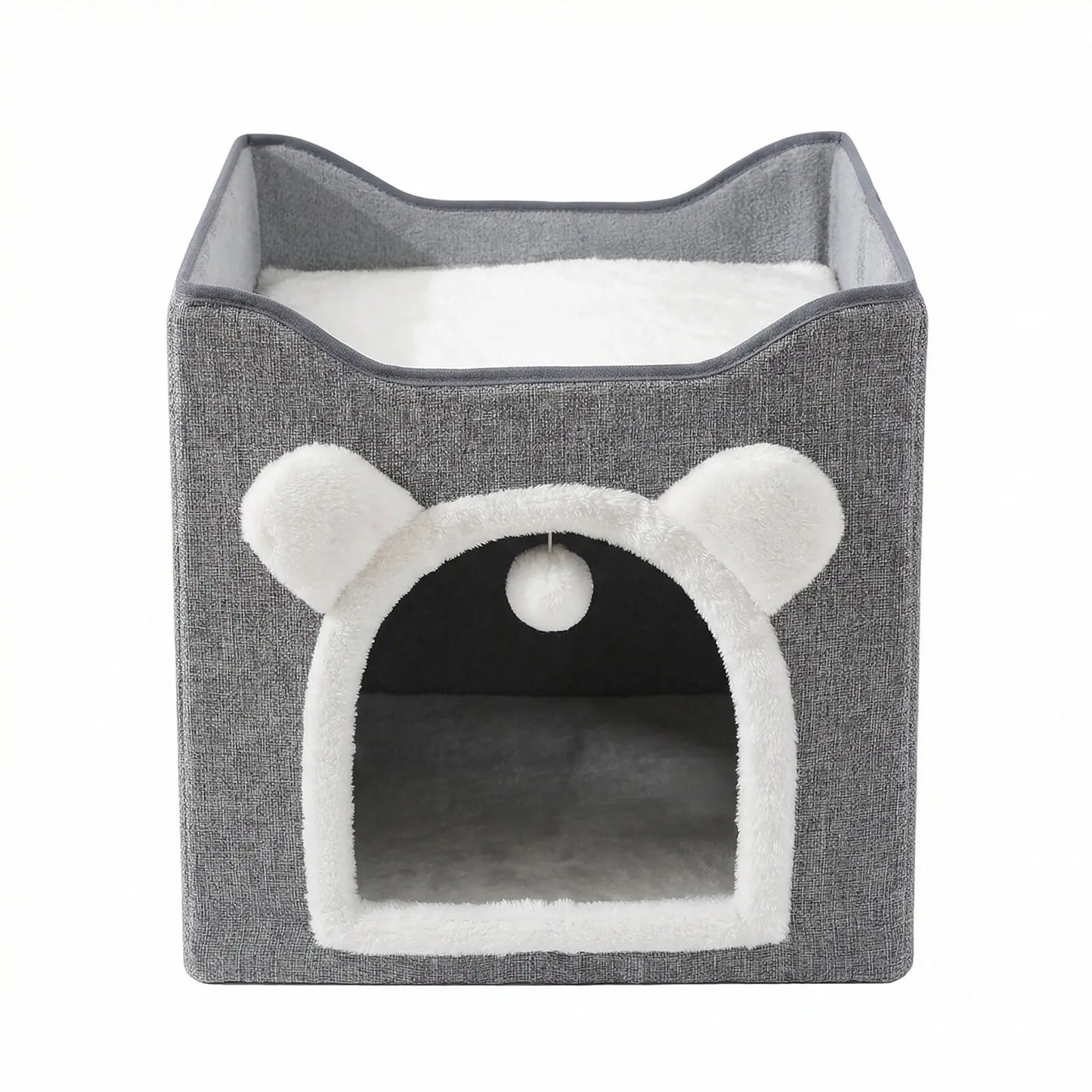 Indoor Cat House with Large Access Hole, Fluffy Hanging Balls, Round Windows, and Double-Sided Cushions, Supporting Up to 30 Pounds