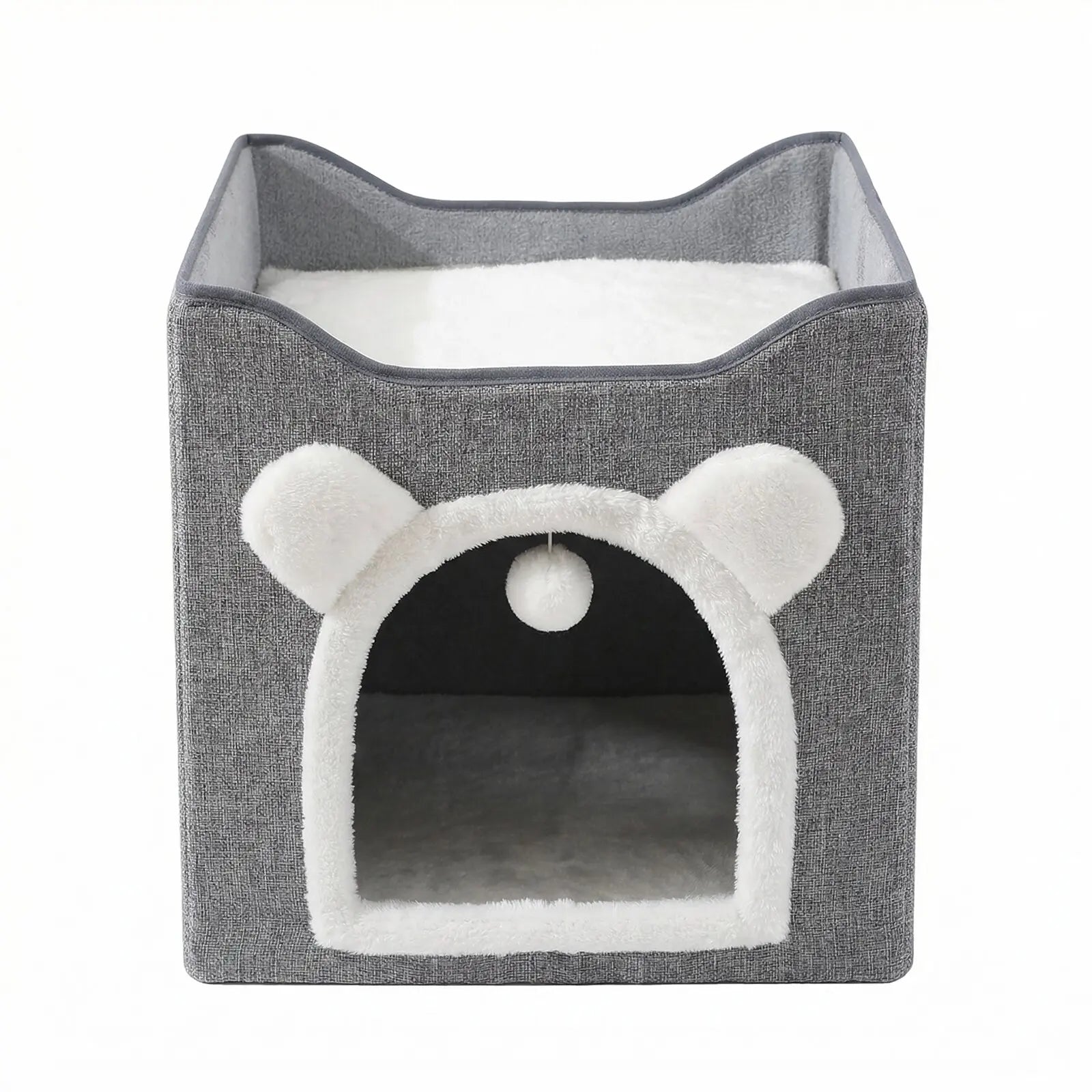 Indoor Cat House with Large Access Hole, Fluffy Hanging Balls, Round Windows, and Double-Sided Cushions, Supporting Up to 30 Pounds