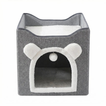 Indoor Cat House with Large Access Hole, Fluffy Hanging Balls, Round Windows, and Double-Sided Cushions, Supporting Up to 30 Pounds