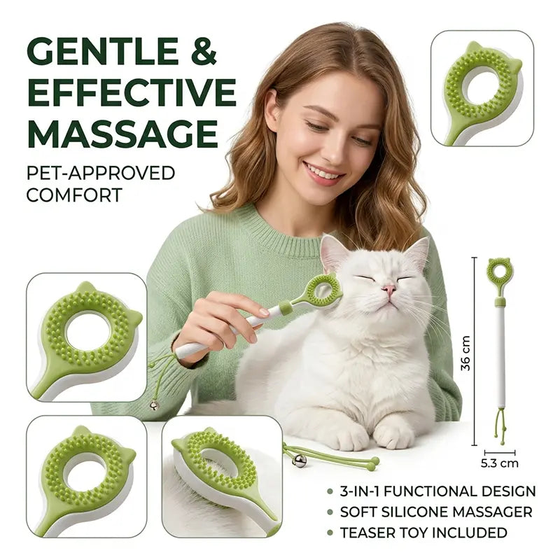 Adjustable 3-in-1 Cat Massage Wand with Retractable Scratcher, Dual-Surface Grooming Brush, and Interactive Teaser Strings – Long Handle Self-Grooming Toy for Indoor Cats and Kittens
