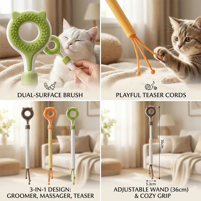 Adjustable 3-in-1 Cat Massage Wand with Retractable Scratcher, Dual-Surface Grooming Brush, and Interactive Teaser Strings – Long Handle Self-Grooming Toy for Indoor Cats and Kittens