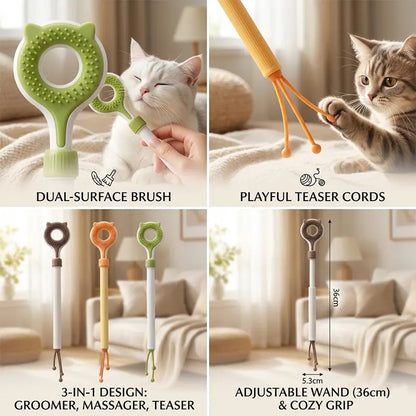 Adjustable 3-in-1 Cat Massage Wand with Retractable Scratcher, Dual-Surface Grooming Brush, and Interactive Teaser Strings – Long Handle Self-Grooming Toy for Indoor Cats and Kittens