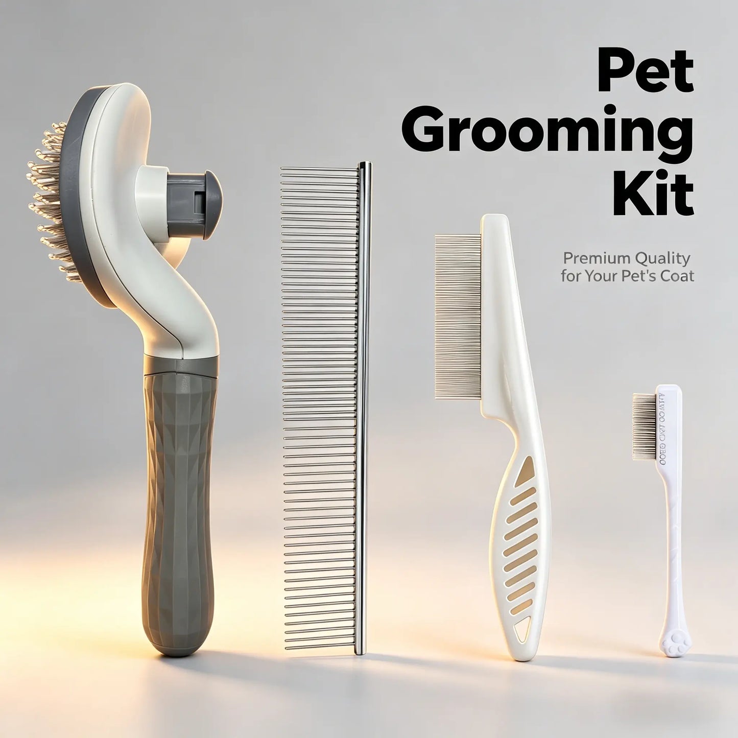 Pet Grooming Essentials Set - Self-Cleaning Slicker Brush, Dual-Sided Stainless Steel Dematting Comb, Tear Stain Comb, and Fur Removal Tool for Dogs and Cats with Long or Short Hair