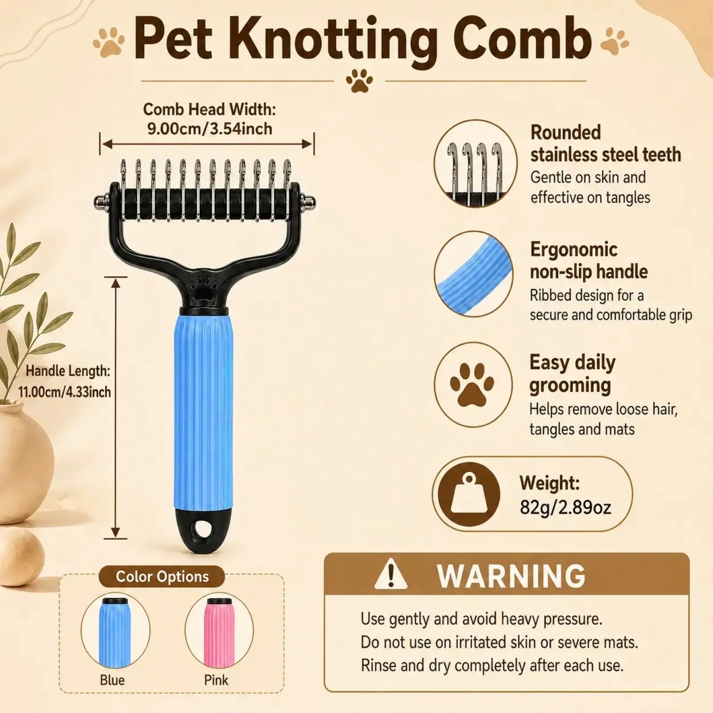 Professional Pet Detangling Comb for Dogs and Cats - Stainless Steel Grooming Tool for Loose Hair Removal, Light Mats, Tangles, Shedding, and Daily Coat Care