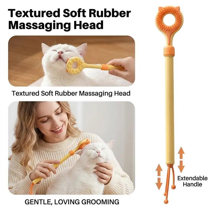 Adjustable 3-in-1 Cat Massage Wand with Retractable Scratcher, Dual-Surface Grooming Brush, and Interactive Teaser Strings – Long Handle Self-Grooming Toy for Indoor Cats and Kittens