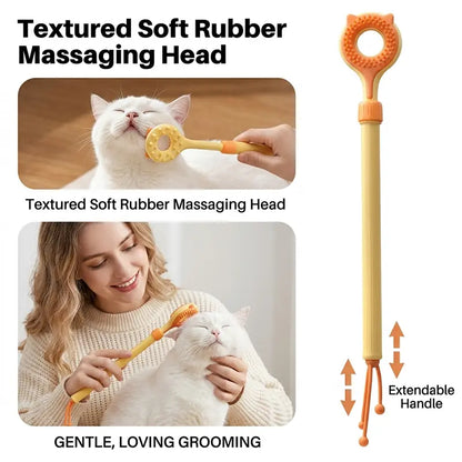 Adjustable 3-in-1 Cat Massage Wand with Retractable Scratcher, Dual-Surface Grooming Brush, and Interactive Teaser Strings – Long Handle Self-Grooming Toy for Indoor Cats and Kittens