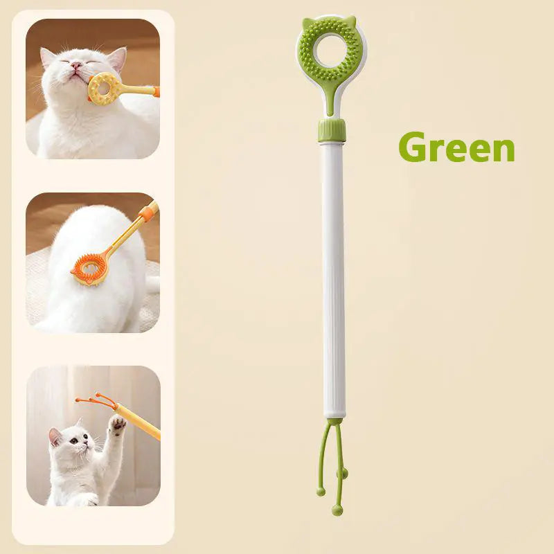 Adjustable 3-in-1 Cat Massage Wand with Retractable Scratcher, Dual-Surface Grooming Brush, and Interactive Teaser Strings – Long Handle Self-Grooming Toy for Indoor Cats and Kittens