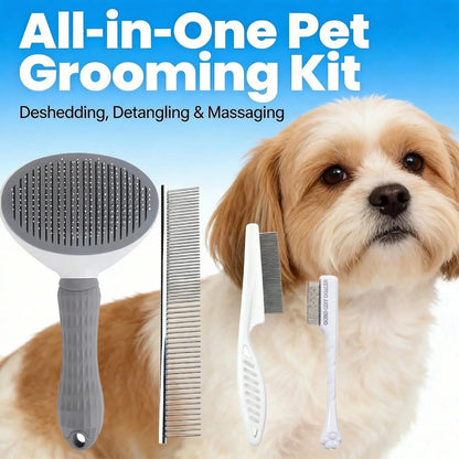 Pet Grooming Essentials Set - Self-Cleaning Slicker Brush, Dual-Sided Stainless Steel Dematting Comb, Tear Stain Comb, and Fur Removal Tool for Dogs and Cats with Long or Short Hair