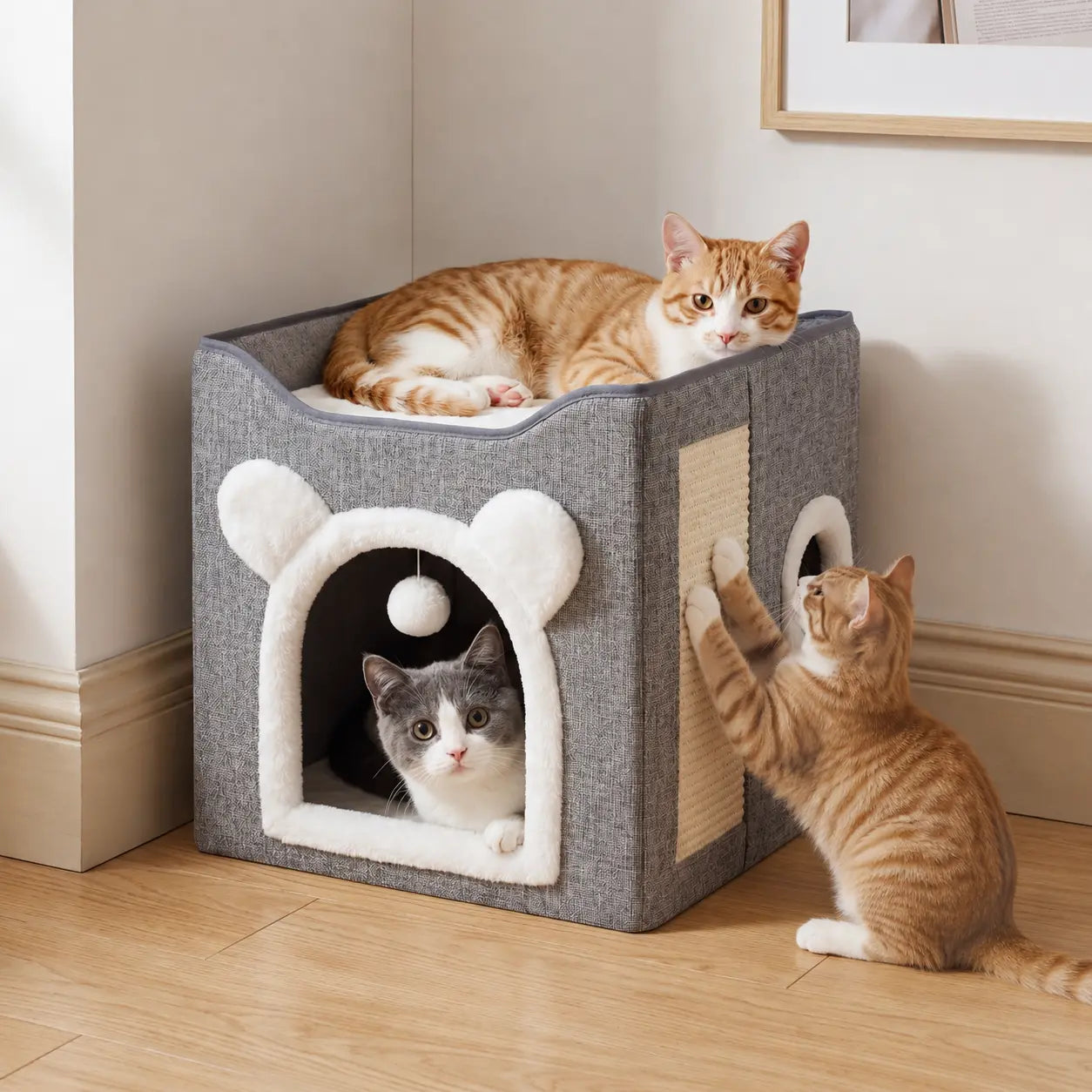 Indoor Cat House with Large Access Hole, Fluffy Hanging Balls, Round Windows, and Double-Sided Cushions, Supporting Up to 30 Pounds